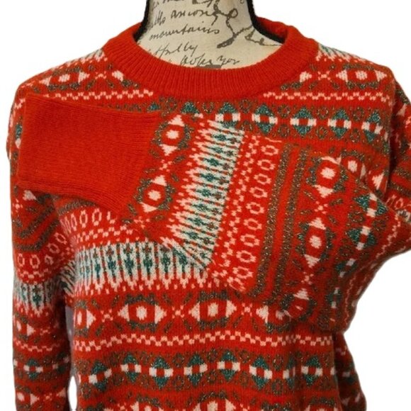 FAIR ISLE FESTIVE RED GREEN METALLIC THREAD HOLIDAY CREW NECK SWEATER SMALL nwot - Picture 1 of 12